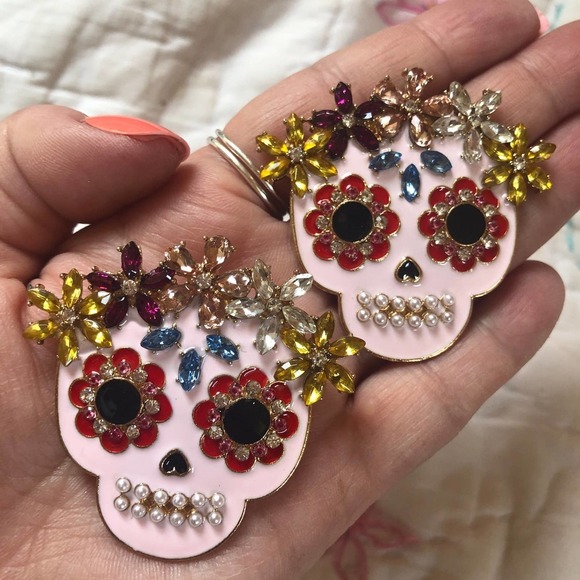 DAY of the dead Skull Stud Earrings rhinestone Embellished Pink Large - Picture 6 of 7